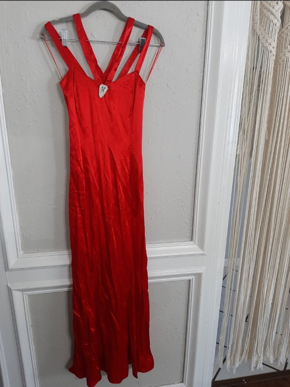 Vintage red silky gunne sax Jessica McClintock formal dress art deco strappy rar
